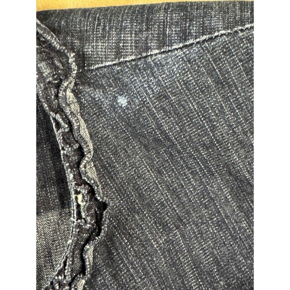 Chico’s Denim Jacket Size 2 Dark Wash Open Front Ruffle Trim Hem Casual Layering - Picture 11 of 11